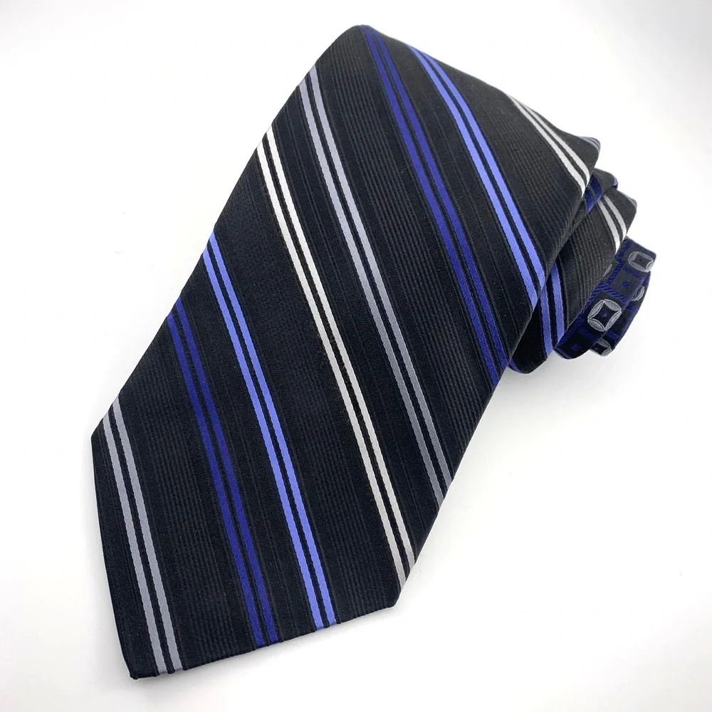Pronto Uomo Mens Tie‎ Black with Silver & Blue Stripes Silk Repp LONG 63
